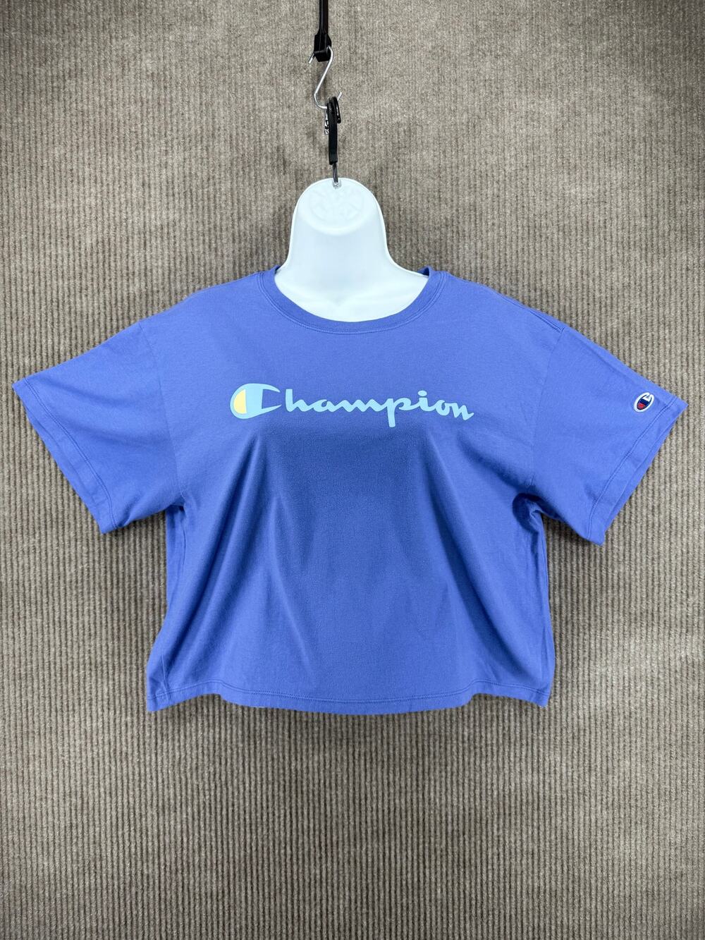Champion Blue Cropped Graphic T-Shirt Spellout Logo Size Large